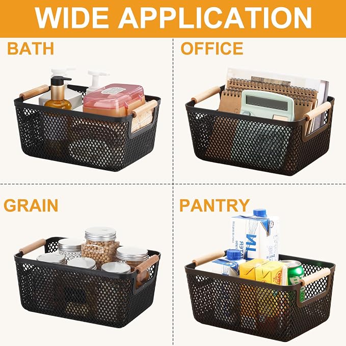 Tioncy 4 Pcs Plastic Mesh Baskets with Wood Handle Woven Mesh Storage Organizer Bins Multi-function Rectangle Baskets for Home Pantries Shelves Closet Kitchens Bedrooms(12.01 x 8.03 x 5.59 Inches) - Image 7