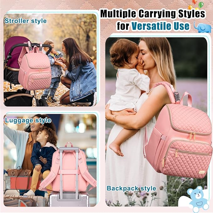 Diaper Bag Backpack Large Baby Diaper Bag with Changing Pad Travel Diaper Backpack,Baby Bag for Boys Girls,Stroller Straps,5 Insulated Pockets (Pink) - Image 7