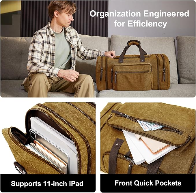 EKOROMIER Large Canvas Duffle Bag for Travel, Expandable 55L Weekender bags | Features Luggage Trolley Sleeve, Multi-Pockets for Traveling, Overnight Airplane Carry-On Bag for Men & Women - Camel Brown - Image 5