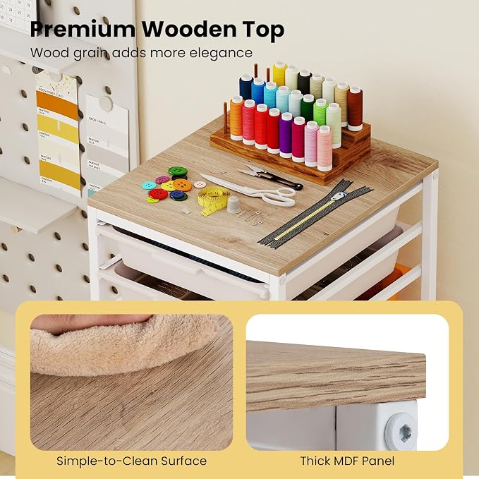 Rolling Storage Cart with 10 Drawers, Plastic Craft Organizer on Wheels with Wooden Top, Mobile Art Supply Utility Cart for Classroom, Home, Office - Image 5