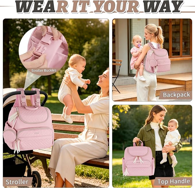 Small Diaper Bag, 22L Stylish Baby Mini Maternity Travel Backpack | with Changing Pad, Pacifier Bag, Stroller Straps Parents Essentials for Outdoor Trip Hospital & Daily Work, Pink - Image 6