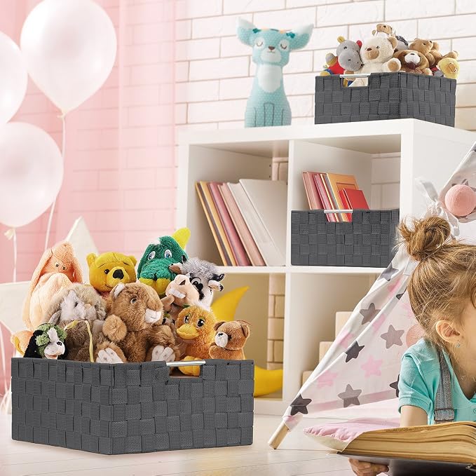Sorbus Storage Box Woven Basket Bin Container Tote Cube Organizer Set Stackable Storage Basket Woven Strap Shelf Organizer Built-in Carry Handles (Gray) - Image 4