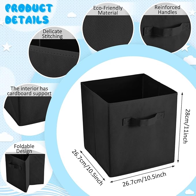 Yinder 12 Pcs Cube Storage Bin Black 10.5''x10.5''x11'' Storage Bins for Playroom Decor Colorful Bins for Kids Foldable Baskets for Nursery Organizer Boxes Fabric Boxes - Image 2