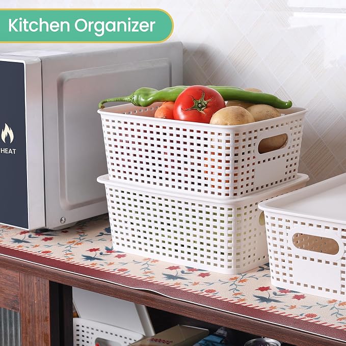 Ohmlove 8 Pack Plastic Storage Baskets with Lids for Organization | Stackable Storage bins, Storages Baskets for Organizing Shelves Drawers Desktop Closet Playroom Classroom Office, White - Image 5