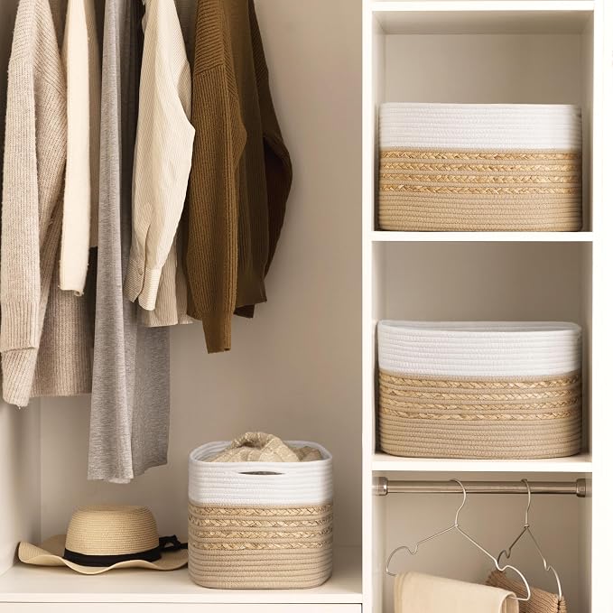 UBBCARE 2 Pack Baskets for Organizing, Woven Storage Baskets for Toys and Towel, Rectangle Cotton Rope Basket with Handles, 14''L x 8''W x9''H, Brown - Image 6