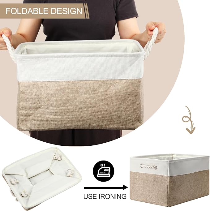 FoldTier 10 Pack Large Collapsible Fabric Storage Baskets with Handles Decorative Storage Bins for Organizing Shelves Toys Clothes(White & Beige,16 x 12 x 10 Inches) - Image 4