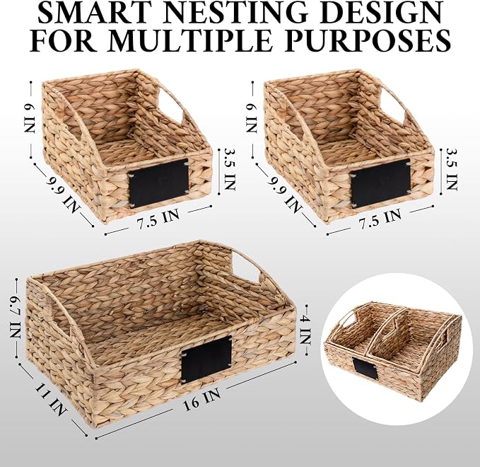 Hand-Woven Pantry Baskets for Organizing, Large Wicker Storage Baskets for Shelves with Labels, 2 Chalk Markers & Handles, 3 Pack Hyacinth Storage Bins for Pantry Kitchen Laundry Shelf - Image 3