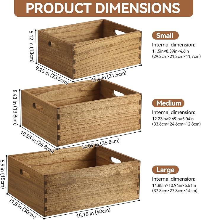 KIRIGEN Nesting Wood Crates with Handles, Set of 3 Storage Boxes Brown | 3 Different Size Decorative Box Organizer for Towels, Books, Crafts Fully Assembled - Image 6