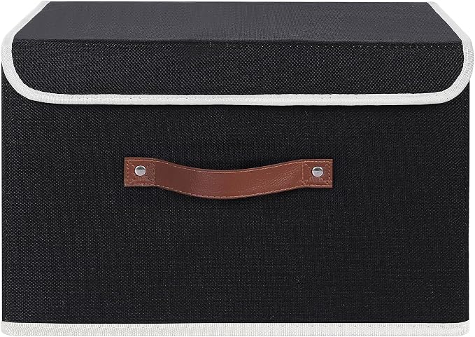 ANMINY Fabric Storage Box Bins with Lids, Black, 15"x10"x10", 2 Pack | Keepsake Memory Storage, Cotton Linen, PP Board Reinforced, Washable, PU Handles, Foldable & Stackable, Decorative, Large - Image 8