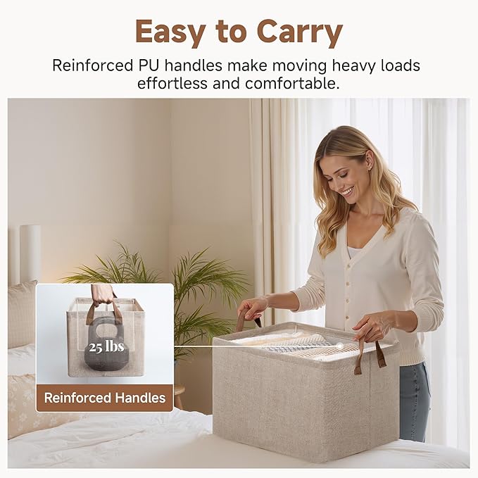 StorageWorks Fabric Storage Bins, Brown and Beige, Extra Large, 2-Pack | 45L, With Reinforced PU Handles, Metal Frame, Collapsible, Storage Basket for Shelves, Closet, Holds Clothes, Towels, Blanket - Image 5