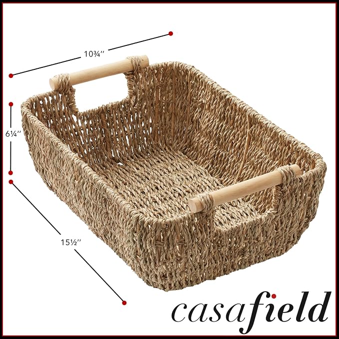 Casafield Set of 2 Seagrass Oval Storage Baskets with Wooden Handles - Medium, Woven Bin Organizers - Image 4