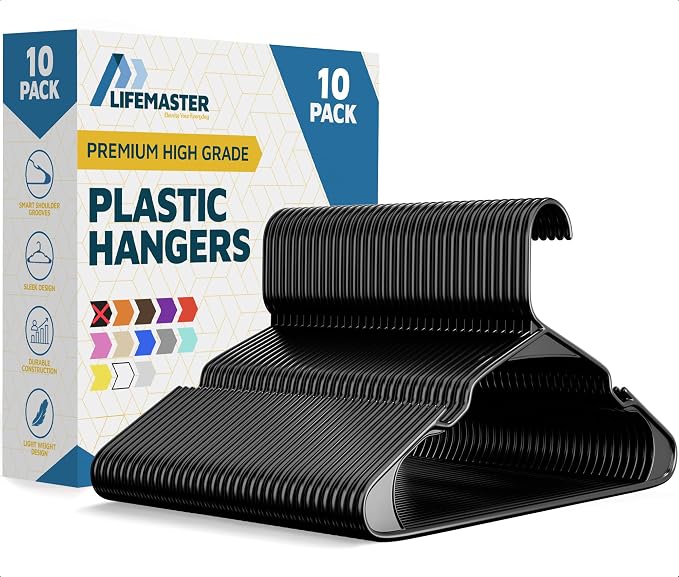 Lifemaster Plastic Clothes Hangers – Heavy Duty Hanger Set, for Organizing Clothes, Dresses, and Coat, Holds Up to 5 lbs, Space-Saving Hangers with Non-Slip Shoulder Grooves, Pack of 10, Black by LIFEMASTER