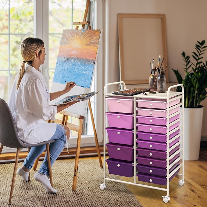 DREAMADE Rolling Cart with 15 Drawers, Rolling Drawer Organizer Cart w/Lockable Wheels, Removable & 2-Sized Storage Drawers, Art Cart for School Home Art Supplies Crafts File Scrapbook - Image 9