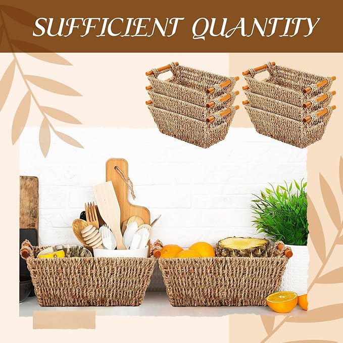 Marsui 6 Pcs Small Hand Woven Wicker Baskets with Wooden Handles, Seagrass Rattan Storage Baskets Bin Organizer Shelf Pantry for Bathroom Storage Towel Kitchen Washroom Gifts Decor, 9" x 6" x 4" - Image 6