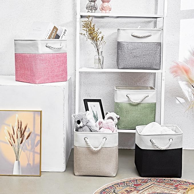 11x11 Inch Cube Storage Bins, 6 Pack Fabric Storage Cubes for Shelves, Cube Organizer Bins with Handles, Cloth Cubby Storage Bins for Home(White/black) - Image 2