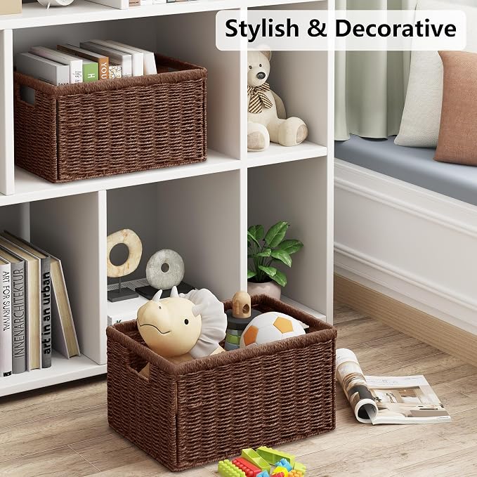 2 Packs Large Wicker Storage Basket, Closet Storage Baskets Bins for Shelves, Decorative Collapsible Baskets for Organizing Clothes Toy Nursery Bathroom Organizers and Storage, Brown - Image 3