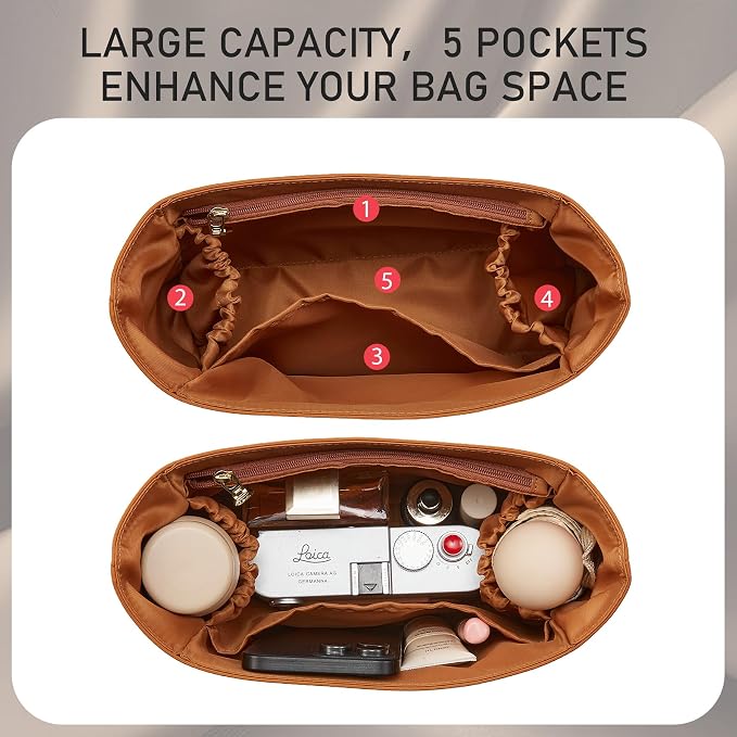 Brooklyn 28 Bag Insert, Purse Organizer Insert for Coach, Nylon Honey | Waterproof Nylon For Coach Brooklyn Shoulder Bag 28, Lightweight, 5 Compartments Zipper Pocket, Elastic Holders - Image 3