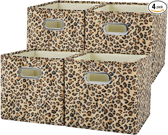 ANMINY Leopard Cheetah Print Storage Cubes Bins, Velvet, Brown, 11Inch 4PCS | Collapsible & Washable, PP Board Frame, Built-in Metal Handles, Animal Themed Fabric Cubes Baskets for Closet Shelves Decor by ANMINY