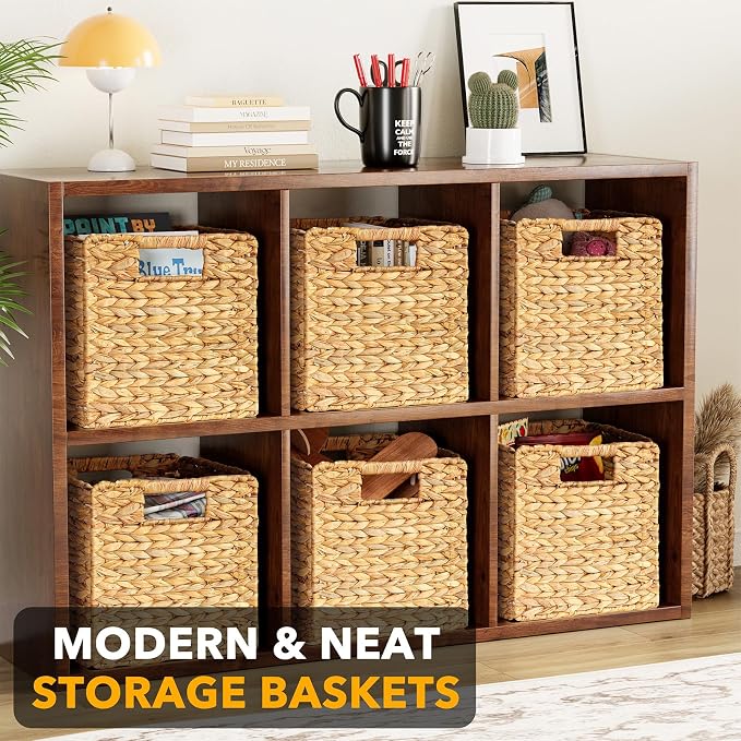 SpaceAid 6 Pack Wicker Basket, Storage Baskets for Organizing, Woven Rattan Basket with Handles for Shelves, Water Hyacinth Large Cube Organizer Storage Bin, 10.5x10.5x10.5 inch, Natural - Image 2