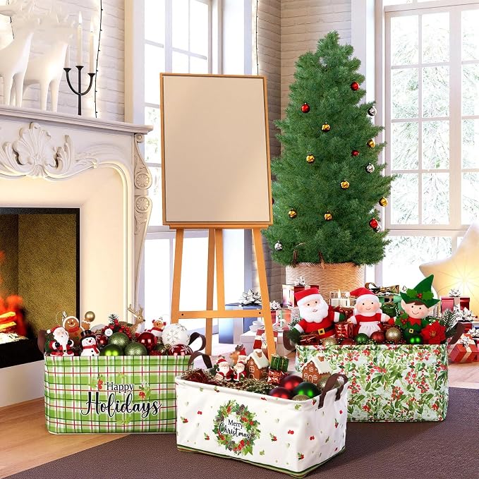 CHENGU 6 Pack Christmas Storage Basket Collapsible Christmas Tree Basket for Gift Green Truck Holiday Decor Large Flower Wreath Bin Foldable Hello Winter Dotted Box with Handle for Bedroom Office Home - Image 5