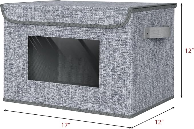 Univivi Fabric Storage Bins with Lids for Clothes 4 Pack, Grey Linen | 17 x 12 x 12 In Foldable Storage Boxes with Handles, Clear Window, Closet Organizers for Home, Bedroom - Image 2