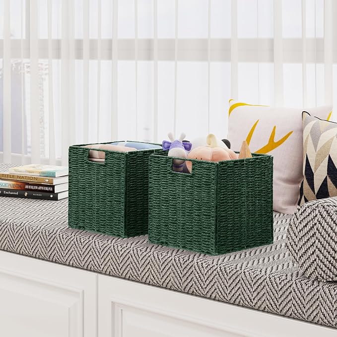 Wicker Storage Basket, Set of 2 Hand-Woven Paper Rope Wicker Baskets, Foldable Cube Storage Bins, Square Storage Baskets for Organizing Shelves & Decor, Green (11″×11″×11″) - Image 6