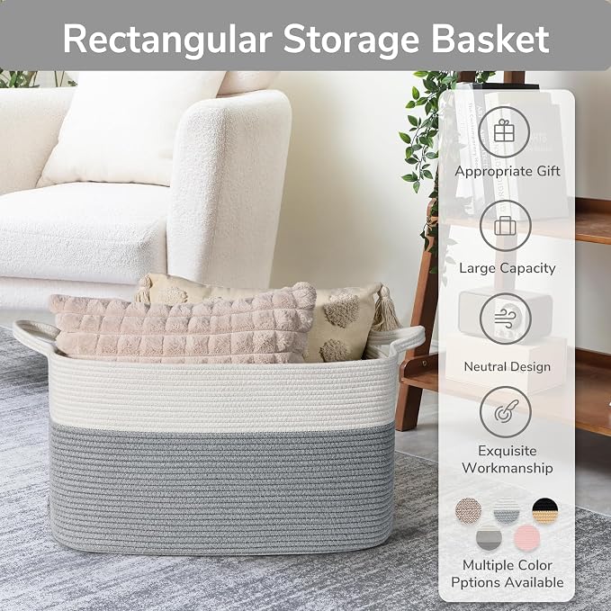 Goodpick Large Woven Rope Blanket Basket, Rectangle, White Gray | 21.6'' x 14.9'' x 11.8'' Storage Basket for Toys, Blankets & Clothes, Nursery & Bedroom Organization, Reinforced Handles - Image 7