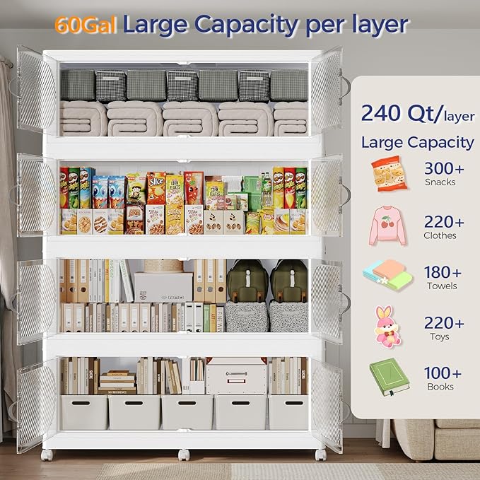 1200QT Extra Large Stackable Storage Bins with Lid, 300Gal Plastic Closet Organizers and Storage Drawer, Collapsible Cabinet Box with Wheels Clear Doors for Home Kitchen Garage, 5Pack White - Image 3