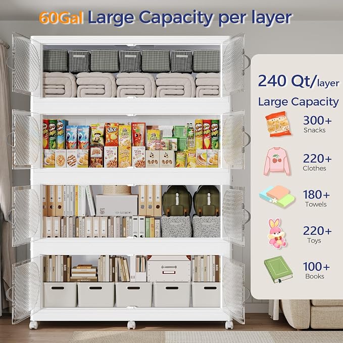 960QT Extra Large Stackable Storage Bins with Lid, 240Gal Plastic Closet Organizers and Storage Drawer, Collapsible Cabinet Box with Wheels Clear Doors for Home Kitchen Garage, 4Pack White - Image 3