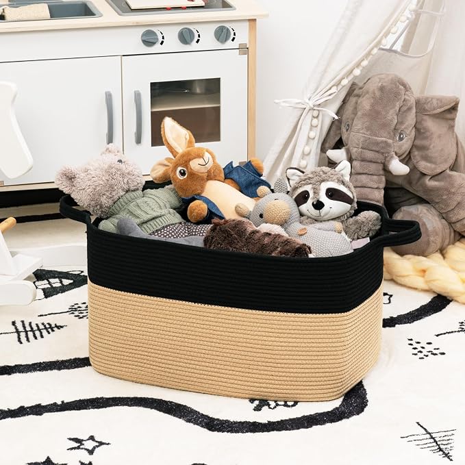Goodpick Large Woven Blanket Basket, Rectangle, Black & Camel | 21.6'' x 14.9'' x 11.8'' Wicker Storage Basket for Toys & Blankets, Bedroom & Nursery Organization, Reinforced Handles - Image 4