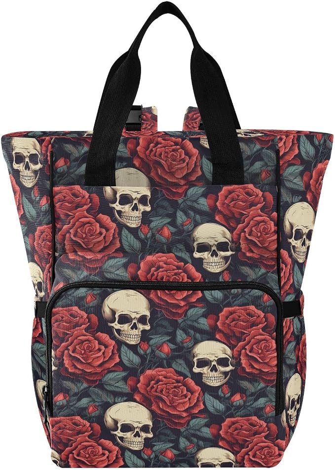 MNSRUU Diaper Bag Red Rose Skull Diaper Bag Backpack Multifunction Travel Diaper Bag Tote Large Capacity Diaper Changing Backpacks for Moms Dads by MNSRUU