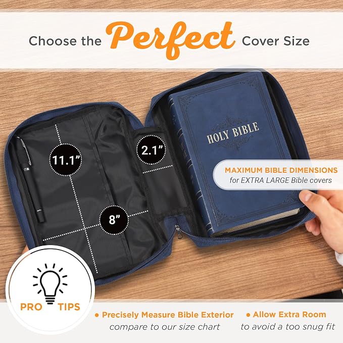 Christian Art Gifts Polyester Bible Cover for Men & Women w/Jesus Fish Patch, Zipper Pocket, Pen Loops, Easy Carry Book Case for Stationery, Accessories, Navy Blue, XL - Image 9