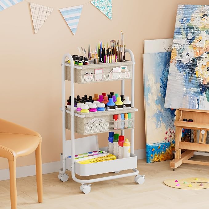 Modanais Baby Diaper Caddy Organizer Cart - 3 Tier Rolling Cart, Off White | Lockable Wheels, Baby Essentials Nursery Storage, Detachable Dividers - for Crib, Bedroom, Art & Craft Organizer - Image 6