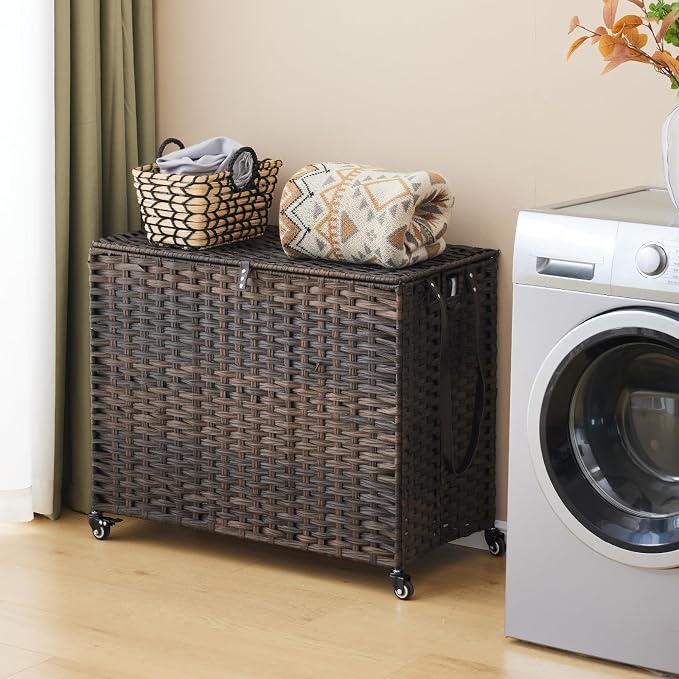 Laundry Hamper with Wheels, 52.8 Gallon(200L) Rolling Laundry Basket with Lid, 3-Section Rattan Clothes Hamper with 3 Removable Liner & 3 Mesh Bags, Laundry Sorter with Side Pocket, Brown - Image 2