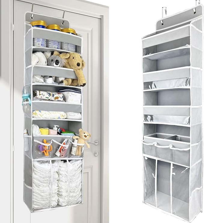 Door Hanging Storage Organizer,with 3 Bins 1 Movable Baby Diaper Caddy,1 Large capacity diaper stacking storage Organizer,10 Side Pockets ,Bedroom Door Storage for Nursery Baby Essentials.Grey 1 Pack. - Image 4