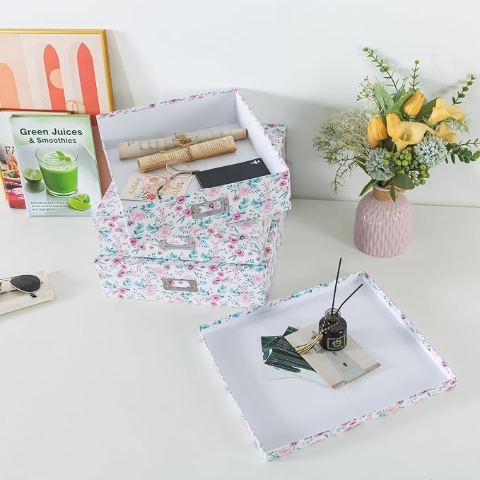 Soul & Lane - Pretty Floral Decorative Storage Boxes with Lids, Set of 3 | Nesting Cardboard Keepsake Box Set for Photos, Documents and Memories, Large Letter Organizers for Scrapbook Storage - Image 7