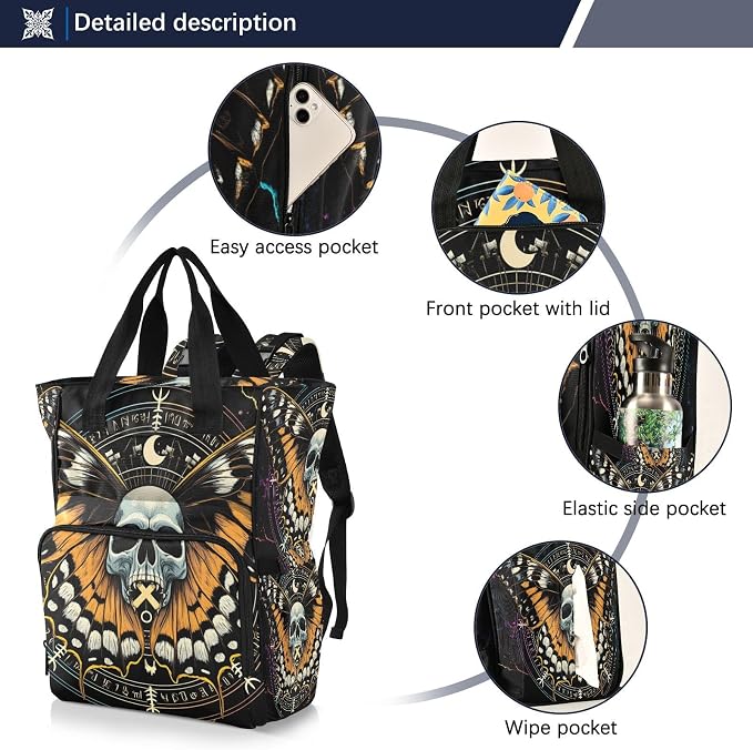 MNSRUU Mysterious Skull Horoscope Diaper Backpack Multifunction Travel Diaper Tote Large Capacity Diaper Changing Backpack for Moms & Dads - Image 2