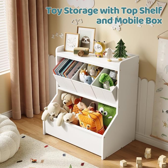 Kids Toy Storage Organizer with Wooden Display Shelf for Playroom & Nursery | Open shelves and removable bins encourage children to read, play and clean up independently, patent design - Image 3