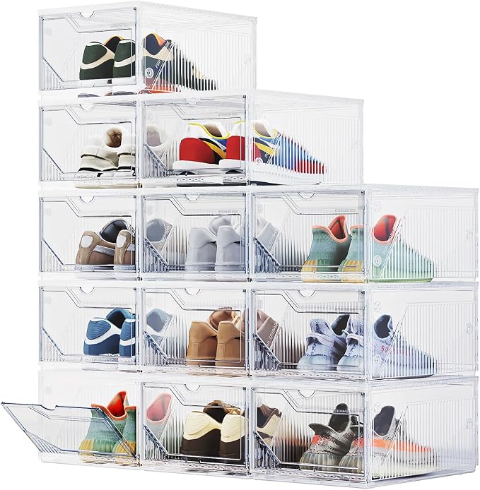 BROVIEW XX-Large Shoe Sneaker Storage Boxes for Size 14, 12 Pack Shoe Boxes | Stackable & Thicken Clear Plastic Shoe Organizers for Entryway Closet, Shoe Container Display Case w/ Magnetic Door by BROVIEW-EnjoytheArtofLife