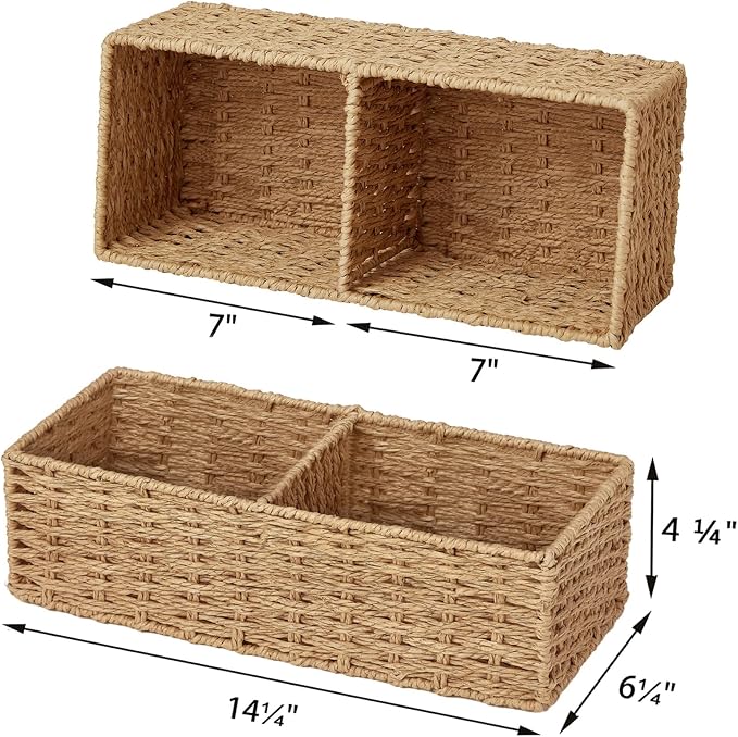 Set of 2 Wicker Storage Basket for for Shelves, Baskets for Organizing, Toilet Paper Basket for Toilet Tank Top, 2-Section, Natural - Image 2
