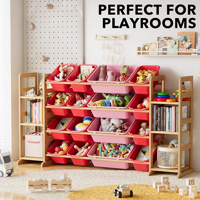 SpaceAid Toy Storage Organizer with 6 Shelves and 16 Bins, Toy Organizers Storage Bookshelf, Kids Bin Shelf Toys Box Bookcase for Bedroom Playroom Organization Room Decor, Red and Pink - Image 5