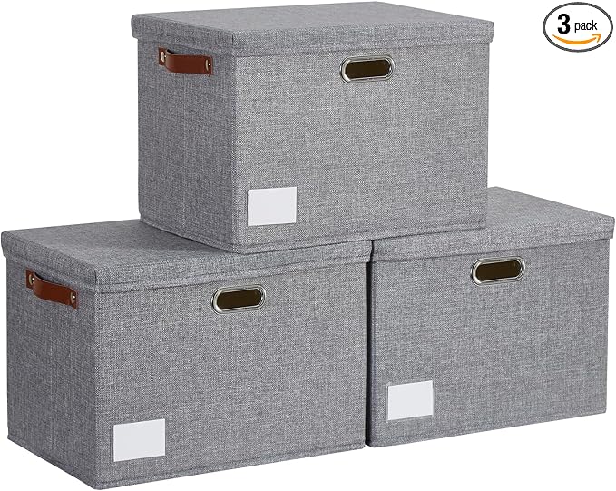 15" Fabric Storage Box with Lids, 3-Pack, Gray | Stackable, Foldable, 2 PU Handles and 2 Metal Handles, Decorative Fabric, For Home, Bedroom, Closet, Office, Nursery by Roobyl