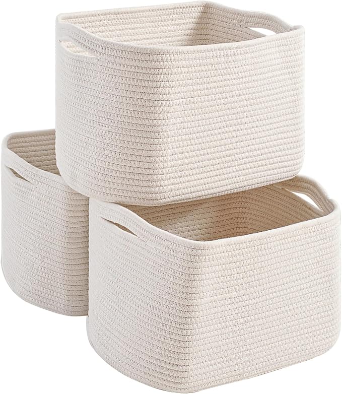 White Storage Baskets for Organizing Shelves, Woven Cotton Rope Basket for Storage, Basket for Toys Clothes Books Shoes, Organization Baskets, 14.8"×11"×9.5", Pack of 3, Off White by Unknown