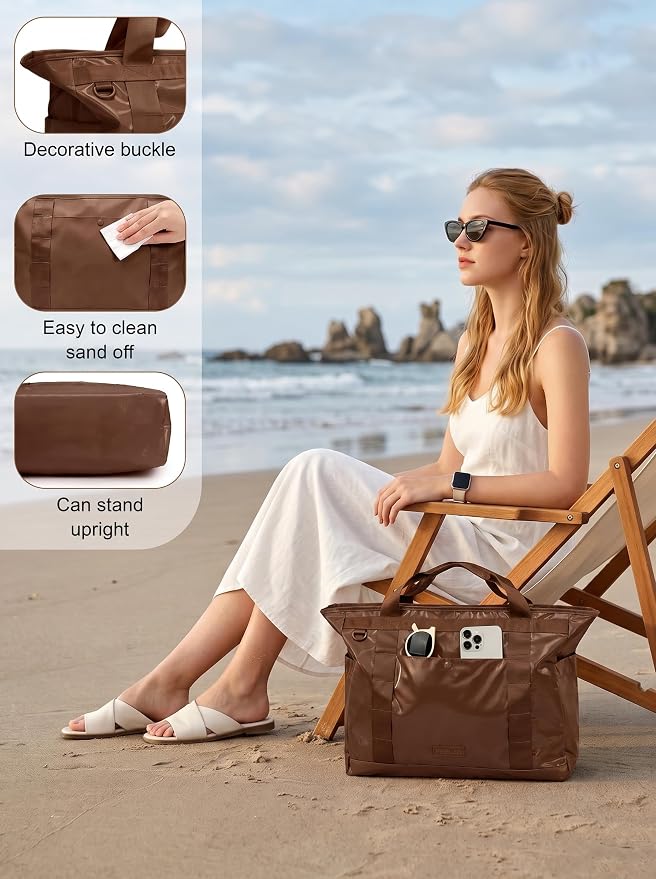 FHELAD Extra Large Glossy Tote Bag for Women, Beach Shoulder Bag 25L | Waterproof Sandproof, 15.6" Laptop Compartment, Luggage Strap, Work, Travel - Image 4