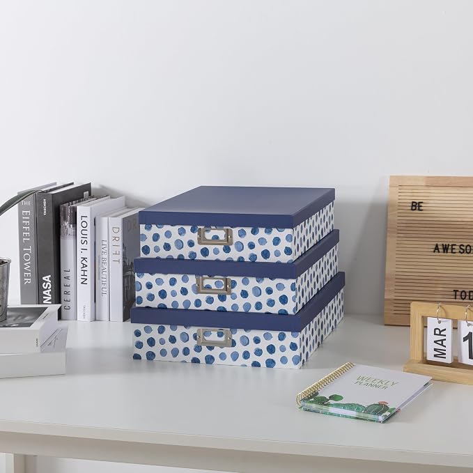 Soul & Lane - Decorative Storage Boxes with Lids, Set of 3, Blue Spots | Large Photo Keepsake Box Set for Organizing Documents and Memories, Cute Flat Nesting Cardboard Organizers for Scrapbooking - Image 3