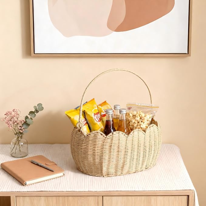Scalloped Round Basket with Handle, Super Sturdy Wicker Storage Baskets, Hand Woven Basket for Shelves,Natural Baskets for Organizing (White Rattan 12.6"*9"*6.1") - Image 7