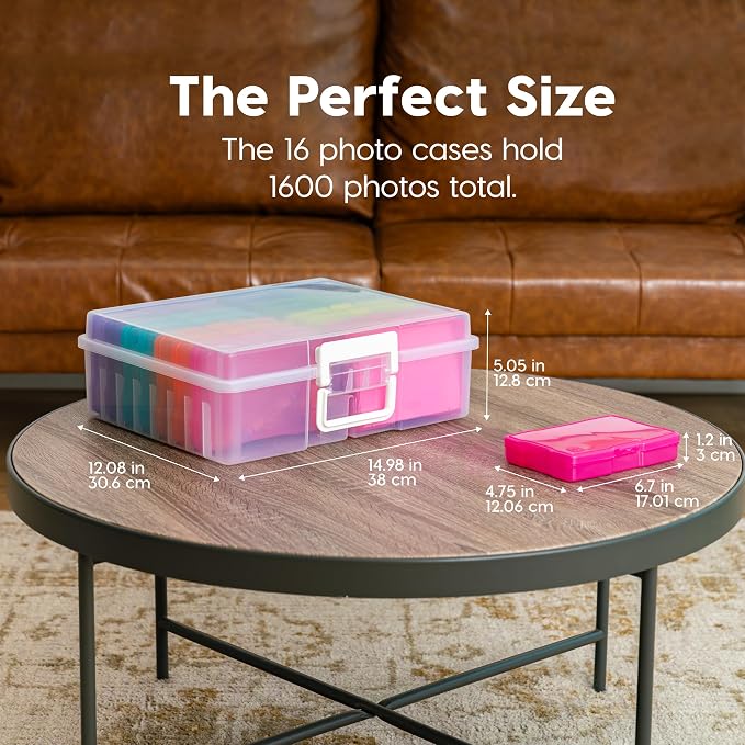 IRIS USA Photo Storage Box |Made in USA| 16 Cases - Clear/Multi | Fits 4" x 6" Pictures / Built-In Handle / Organizing Containers for Tasks, Stickers, Ephemera & Flashcards - Image 3
