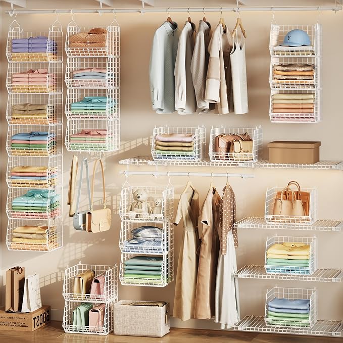 7 Tier Hanging Closet Organizer and Storage, Foldable Wire Closet Shelving with 4 Large Hooks+5 S Hooks,Hanging Basket for Clothes Sweaters Shoes Handbags,Wardrobe Kitchen Laundry Room-White - Image 5