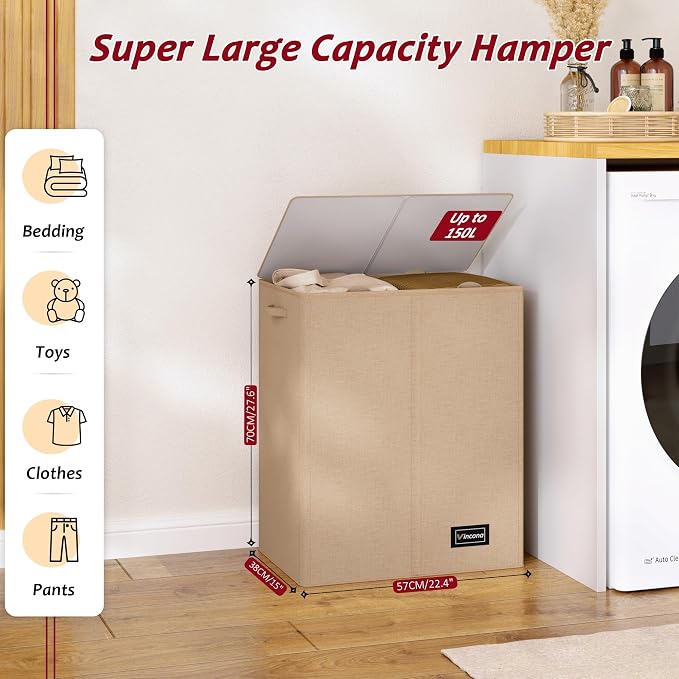 150L Laundry Hamper 2 Section, Large Laundry Hamper with Lid, Dirty Clothes Hamper with 2 Removable Inner Bags, Collapsible Laundry Basket Organizer for for Clothes Toys Towels, Hamper 2 Compartment - Image 3
