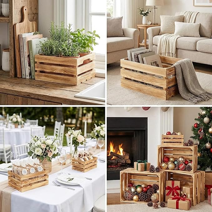Set of 6 Decorative Wood Crates for Display, 6 Size Farmhouse Wooden Baskets Rustic Nesting Crates Decor Boxes with Handle for Storage, Container, Display, Christmas Decorations - Image 7